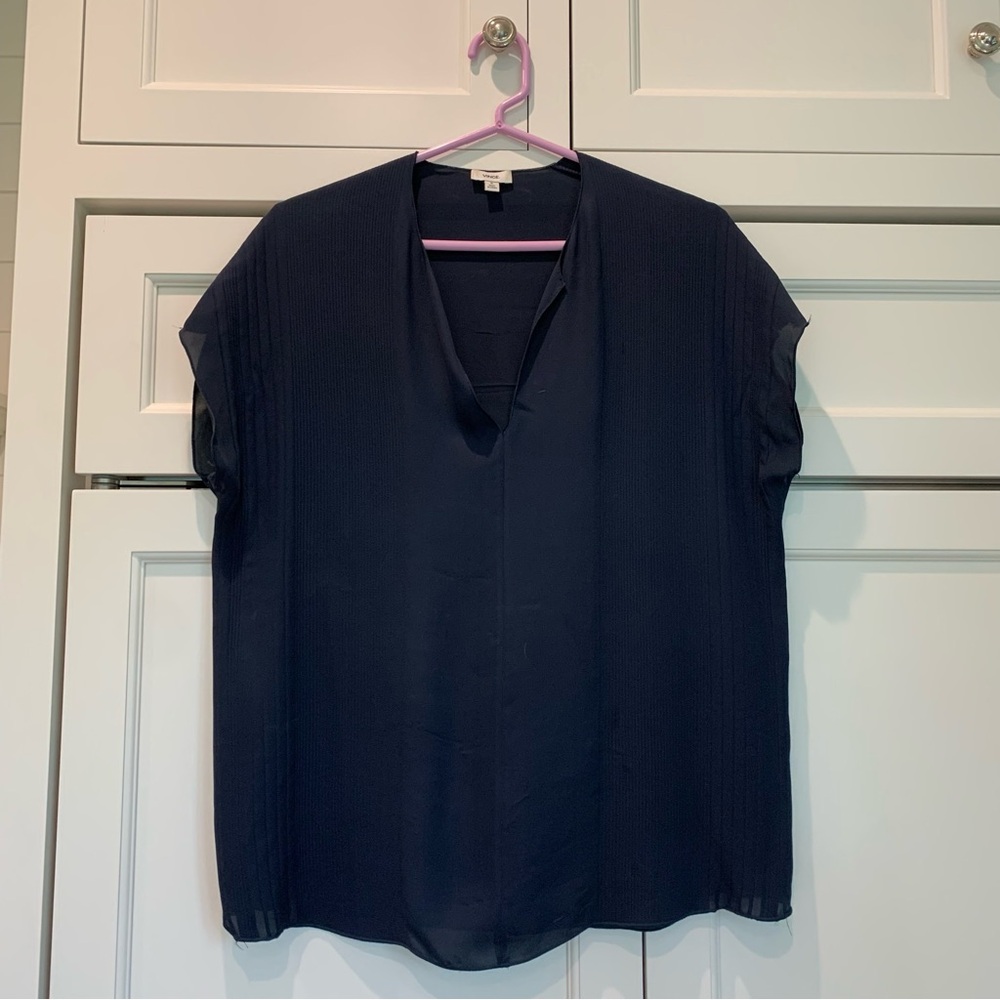 Vince Navy Split-Neck Short Sleeve Silk Blouse